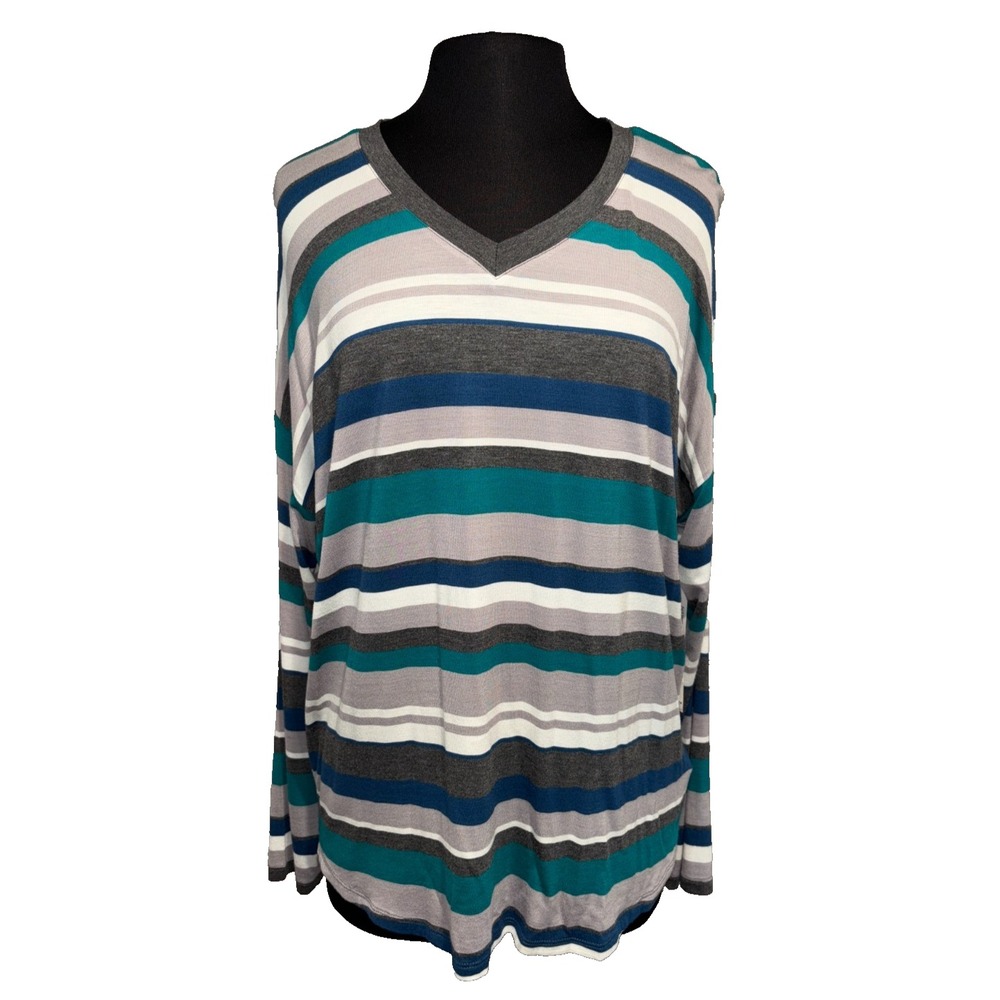 Striped V-Neck Long Sleeve Top by Tribal Teal Gray White Large Casual Relaxed
